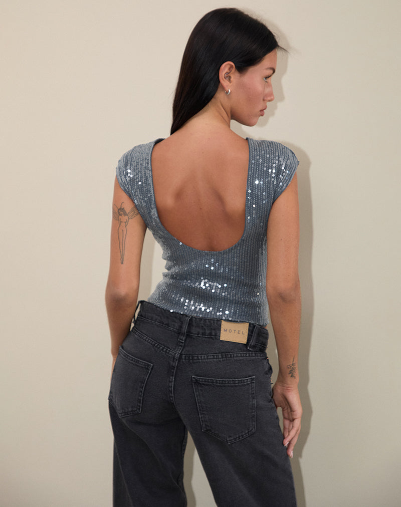 Erika Low Back Top in Shimmer Sequin Charcoal