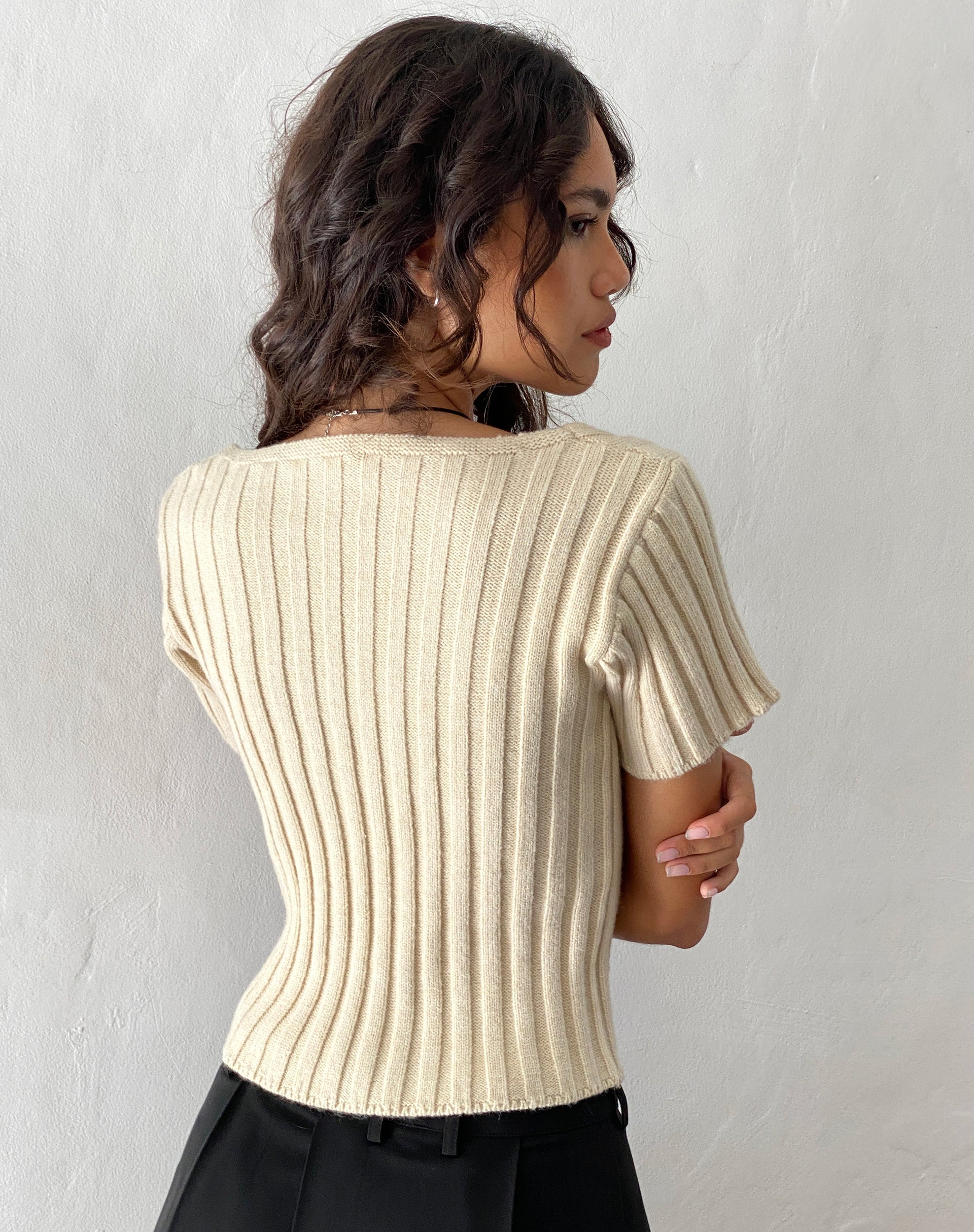 Image of Estella Short Sleeve Knitted Top in Natural Oat