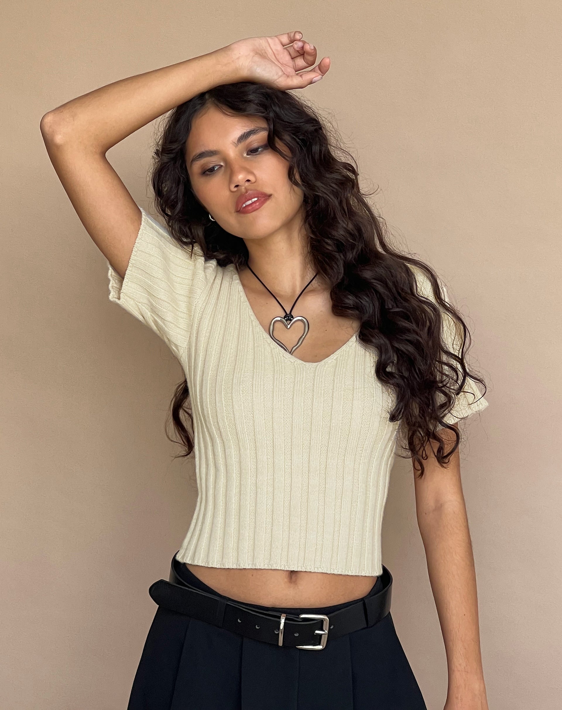 Image of Estella Short Sleeve Knitted Top in Natural Oat