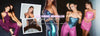 Image reads 25% off using code SOCIAL25, $10 shipping, no duty and easy returns. Items shown are purple sparkly co ord, black and diamante co ord, purple holographic co ord, purple holographic top, pu pink trousers, pu pink bandeau top and pu pink skirt