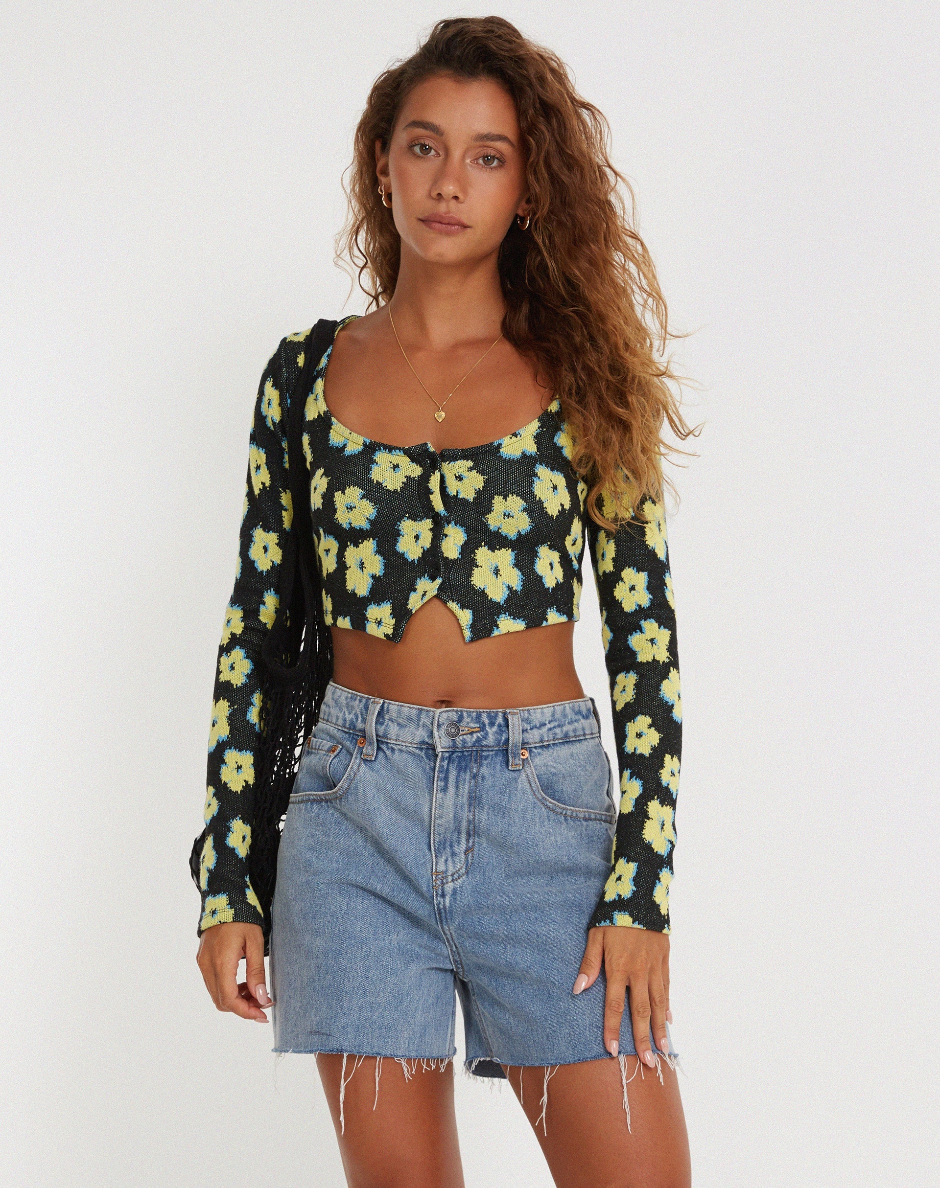 Image of Faline Crop Top in Cute Floral Black and Yellow