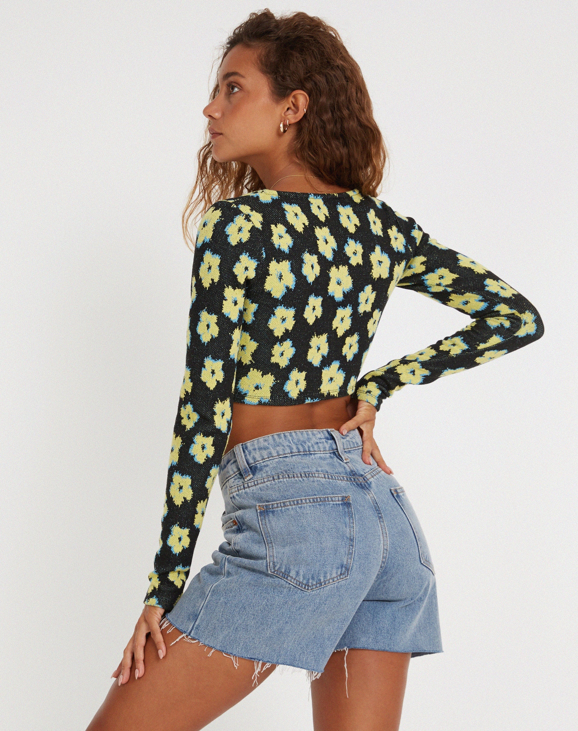 Image of Faline Crop Top in Cute Floral Black and Yellow