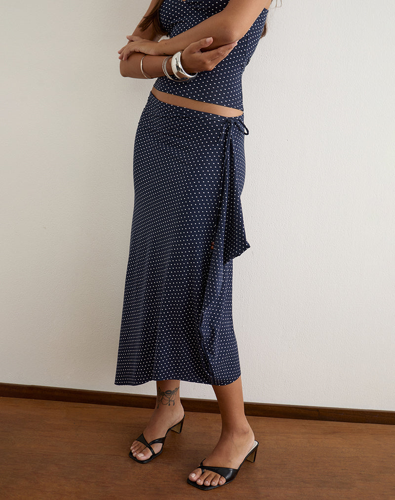 Phemia Maxi Skirt with Beads in Jersey Navy with Micro Polka Print