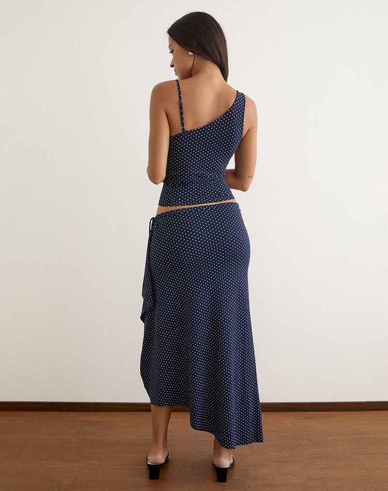 Image of Phemia Maxi Skirt with Beads in Jersey Navy with Micro Polka Print