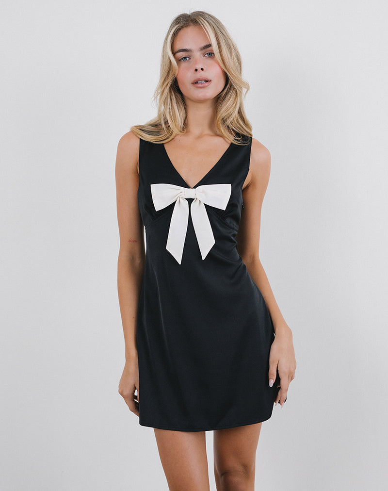 Image of Faradiba Mini Dress in Satin Black with Ivory Bow