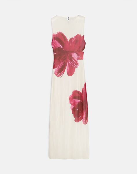 Cream with Red Watercolour Flower Bodycon Maxi Dress