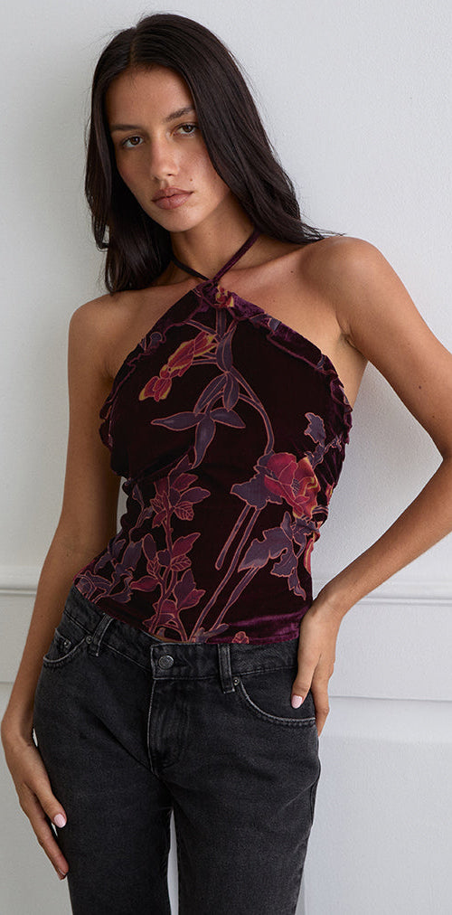 Image of Fiorella Top in Floral Devore Burgundy