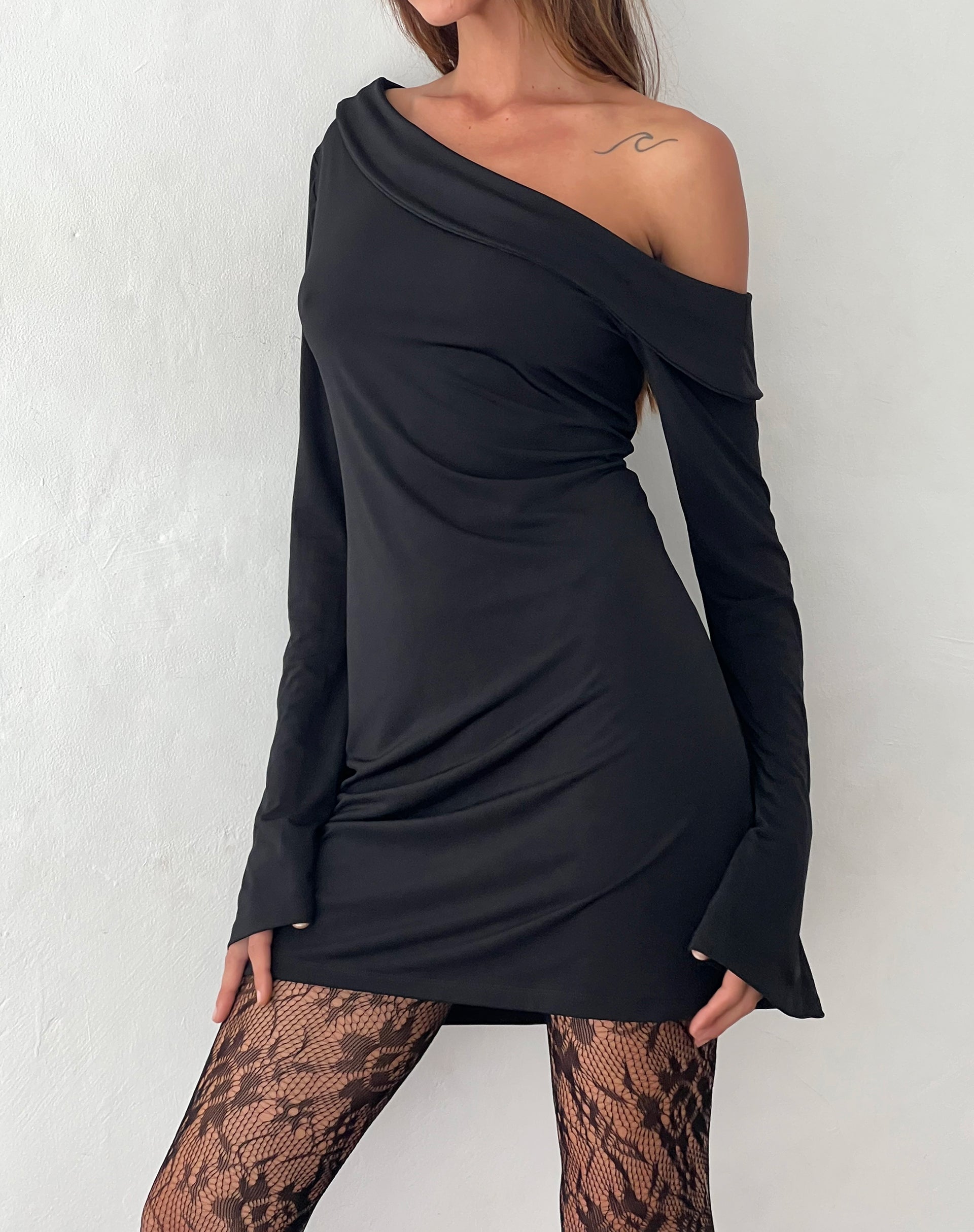 Image of Fliss Asymmetric Mini Dress in Slinky Black