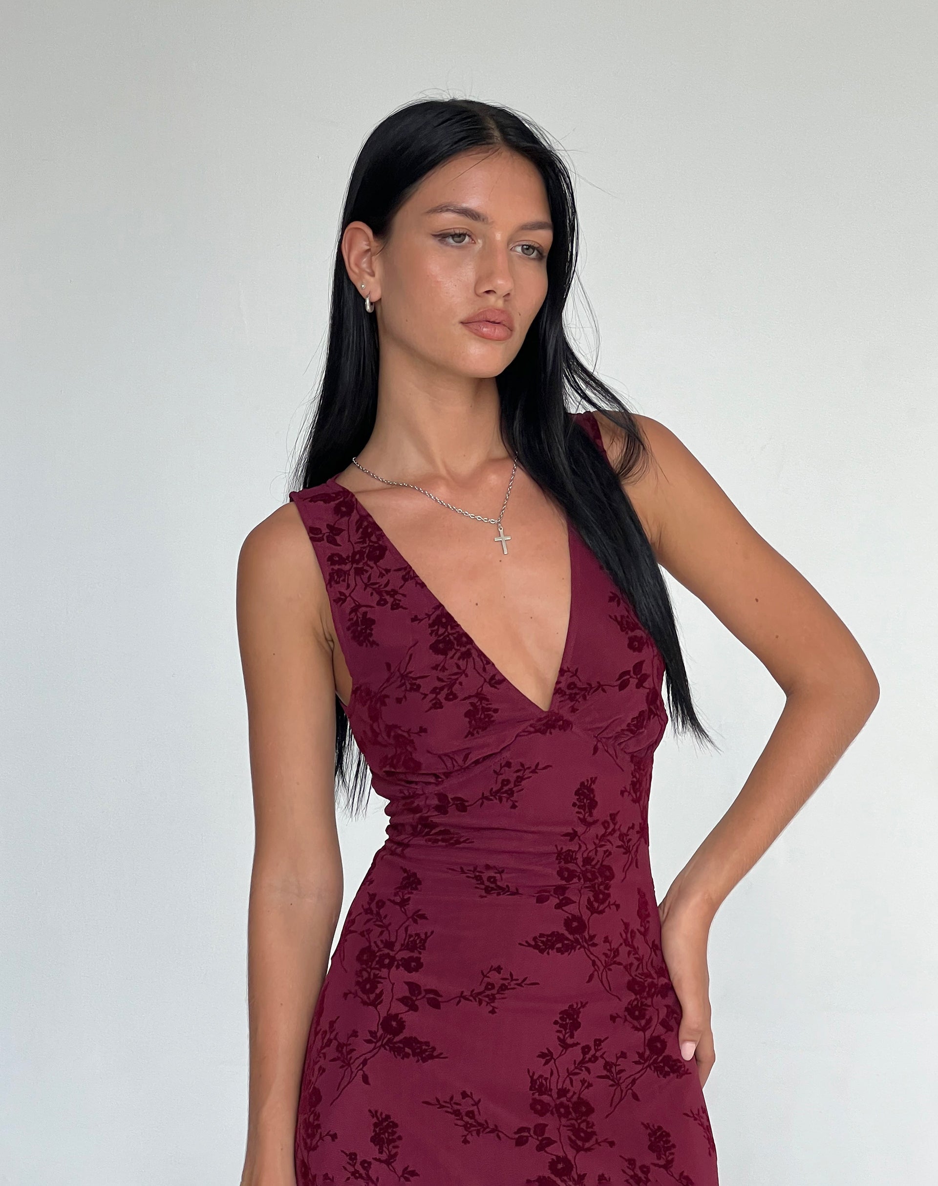 Red Botanical Flower Print Midi Dress | Gabriela – motelrocks-com-aus