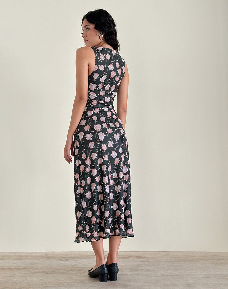 Image of Gabriela Midi Dress in Falling Rose Jet Black