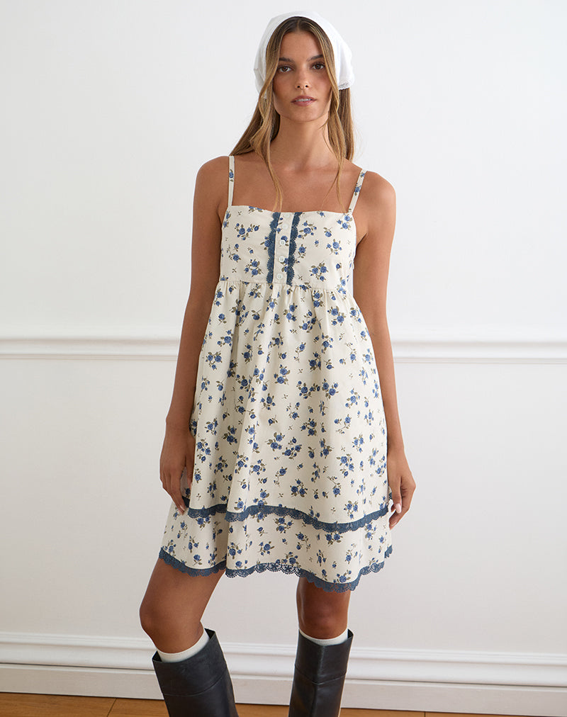 Gal Mini Dress in Ditsy Leaf Rose Navy