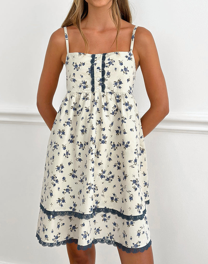 Gal Mini Dress in Ditsy Leaf Rose Navy