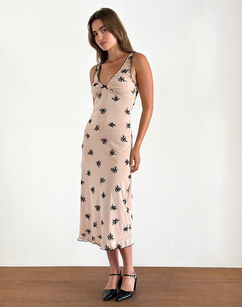 Image of Gandira Midi Dress in Cluster Ditsy Floral Flock Nude