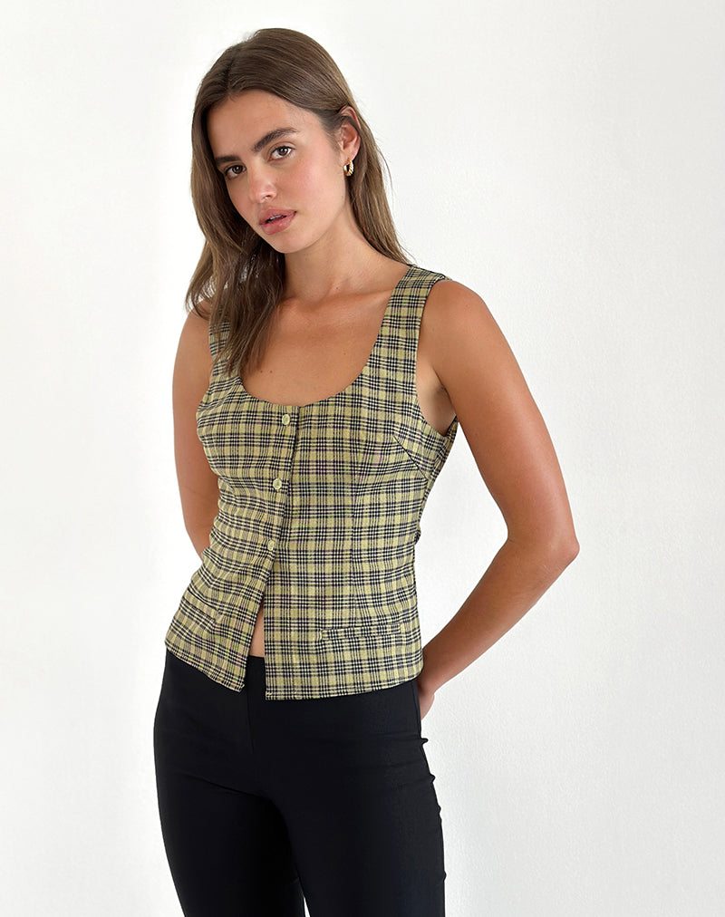 Ganita Button Through Vest in Yellow Check