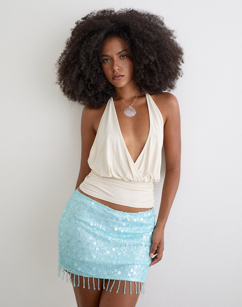 Gasenda Mini Skirt in Net Sequin Blue with Beaded Hem