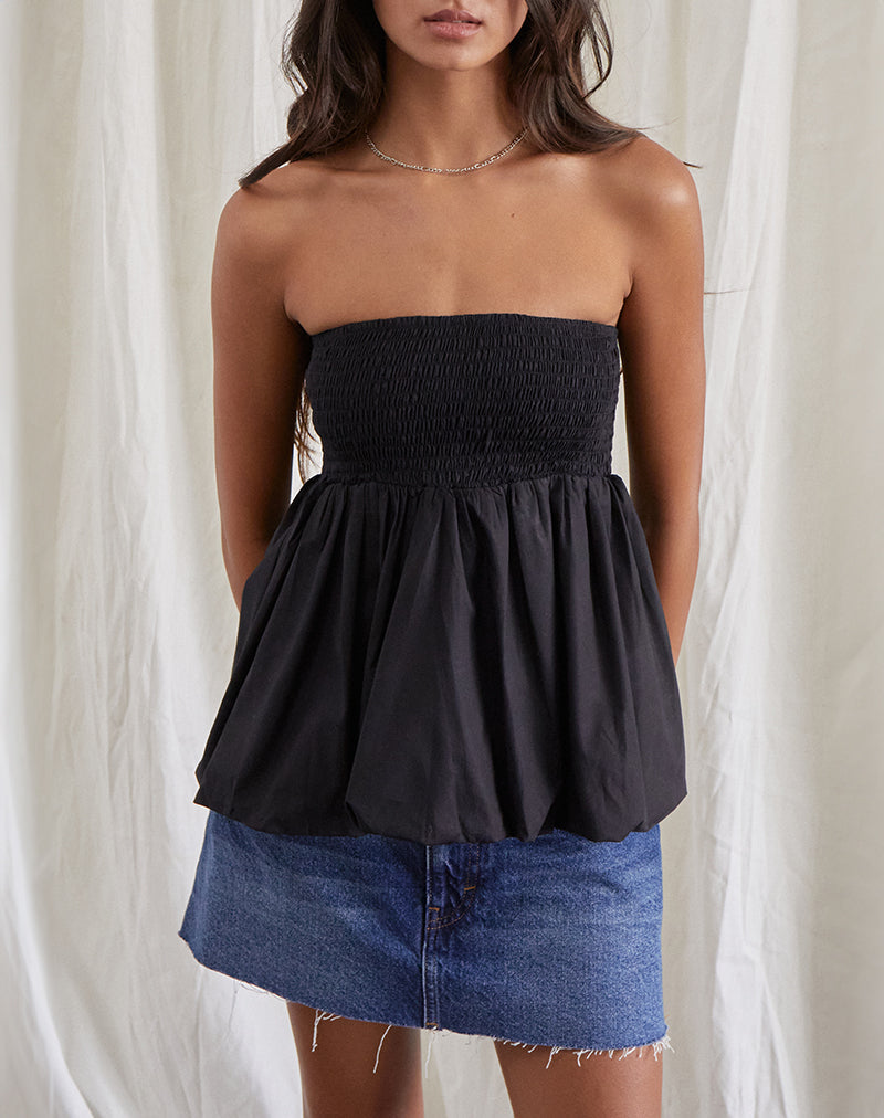 Gaux Puffball Shirred Bandeau Top in Black