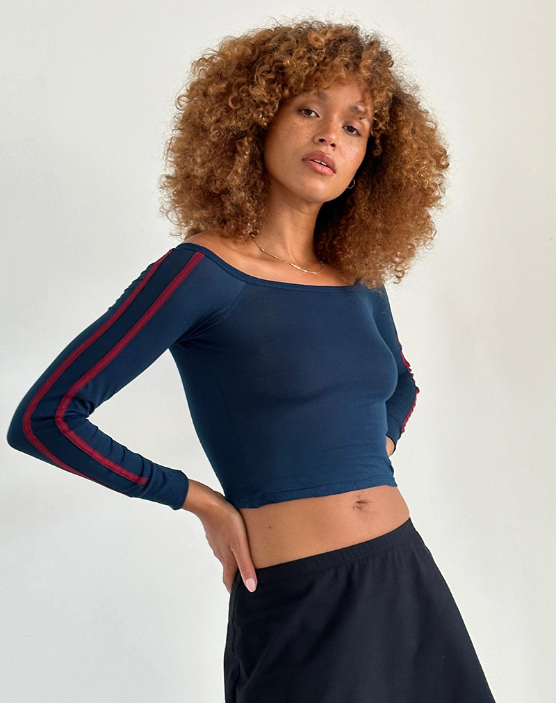 Image of Gavya Bardot Long Sleeve Top in Navy with Adrenaline Red Stripe