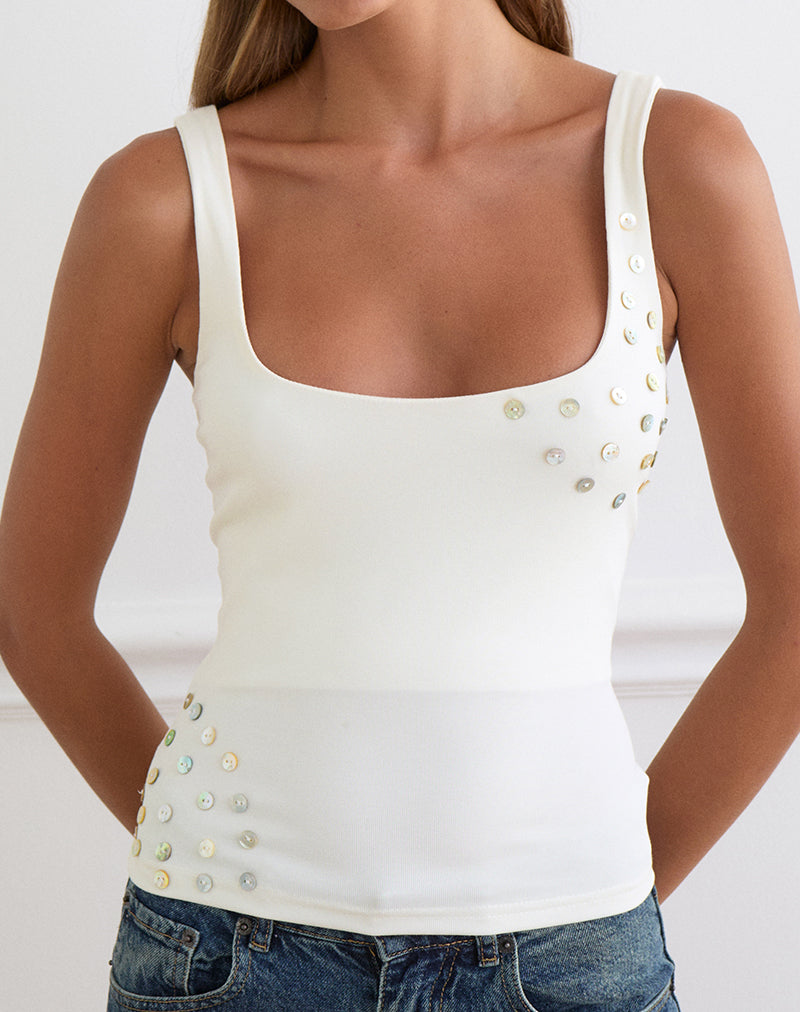 Image of Gelita Vest with Pearl Buttons in White Eco Lyocell