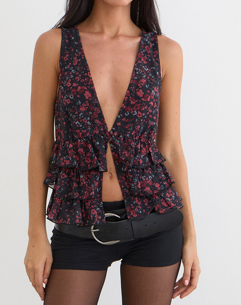 Gendhis Vest Top in Chiffon Scattered Floral Black and Red