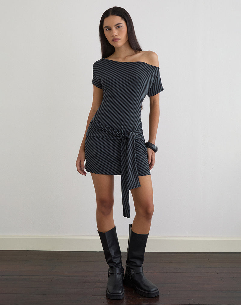 Genya Mini Dress in Oblique Stripe Ocean Storm