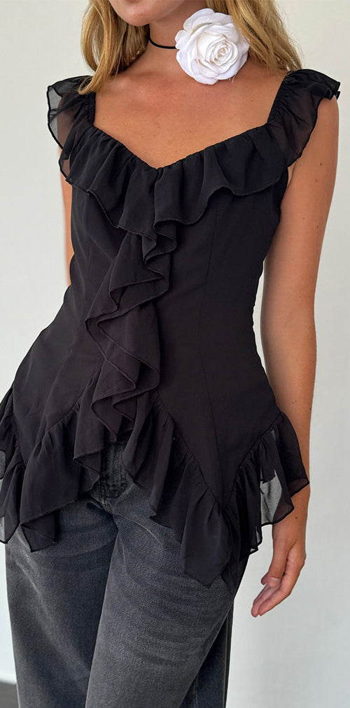 Image of Glaiza Ruffle Cami Top in Black