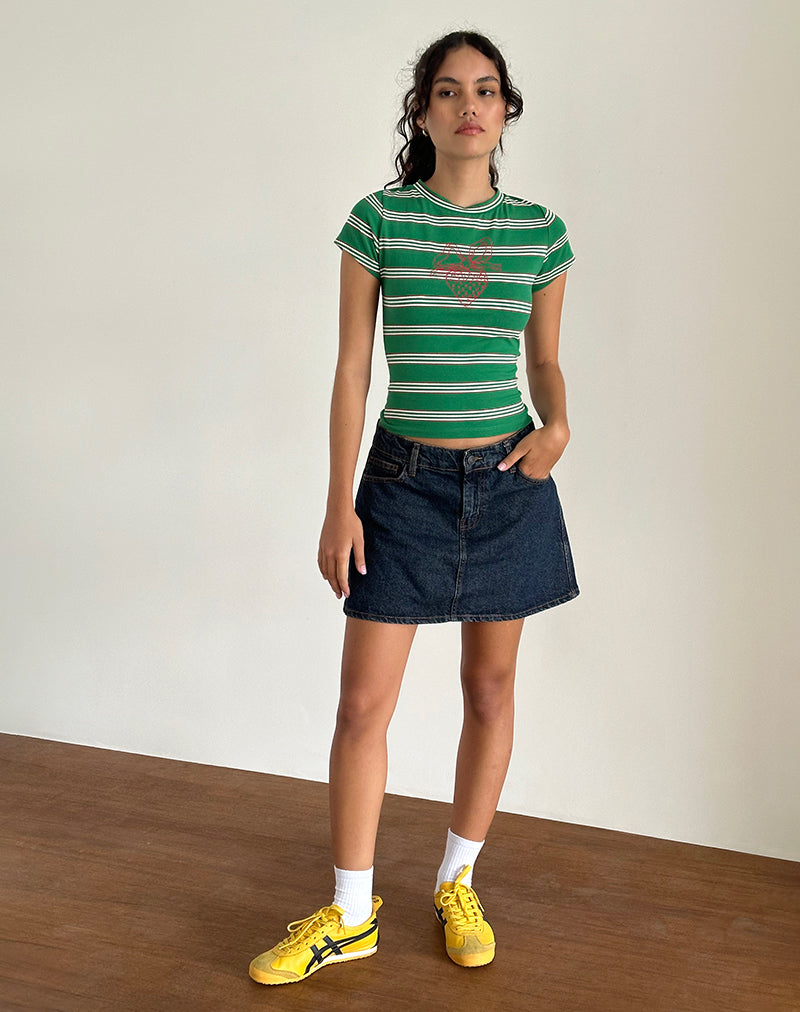 image of Glenda Jersey Tee in Green and White Strip with Strawberry Motif
