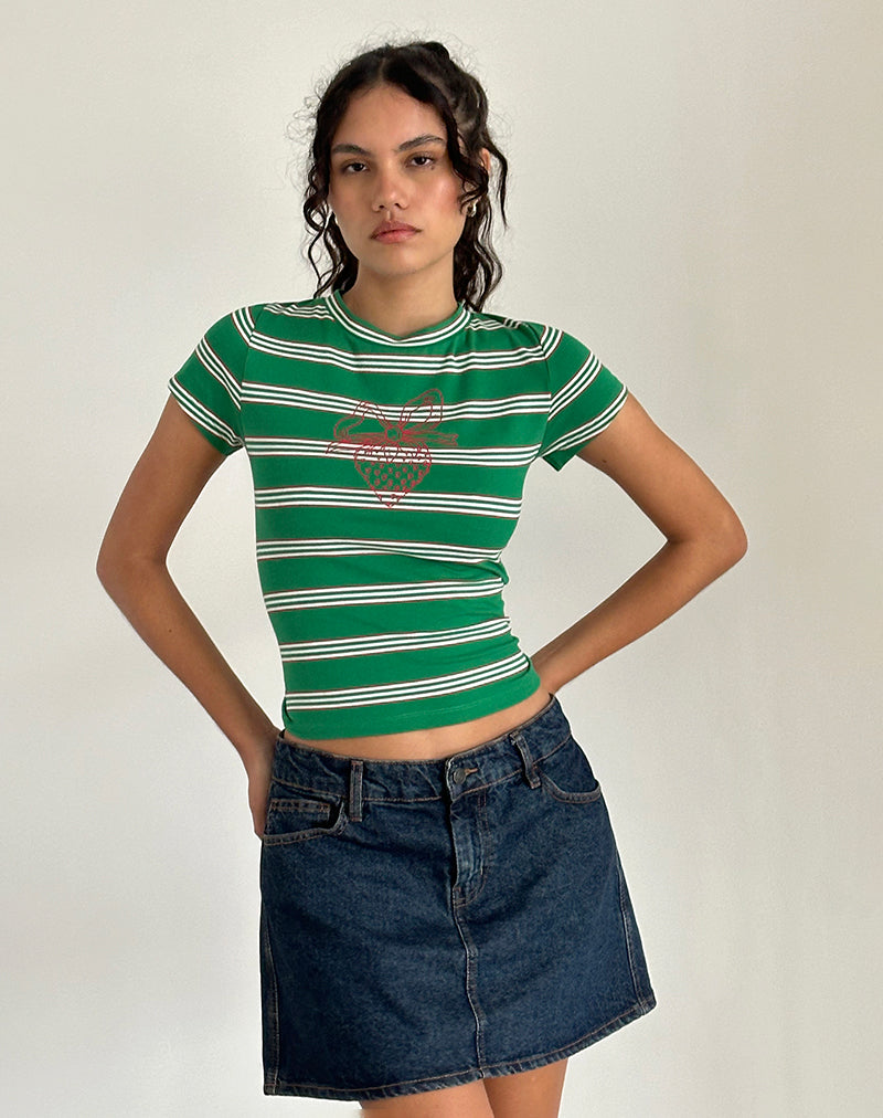 image of Glenda Jersey Tee in Green and White Strip with Strawberry Motif