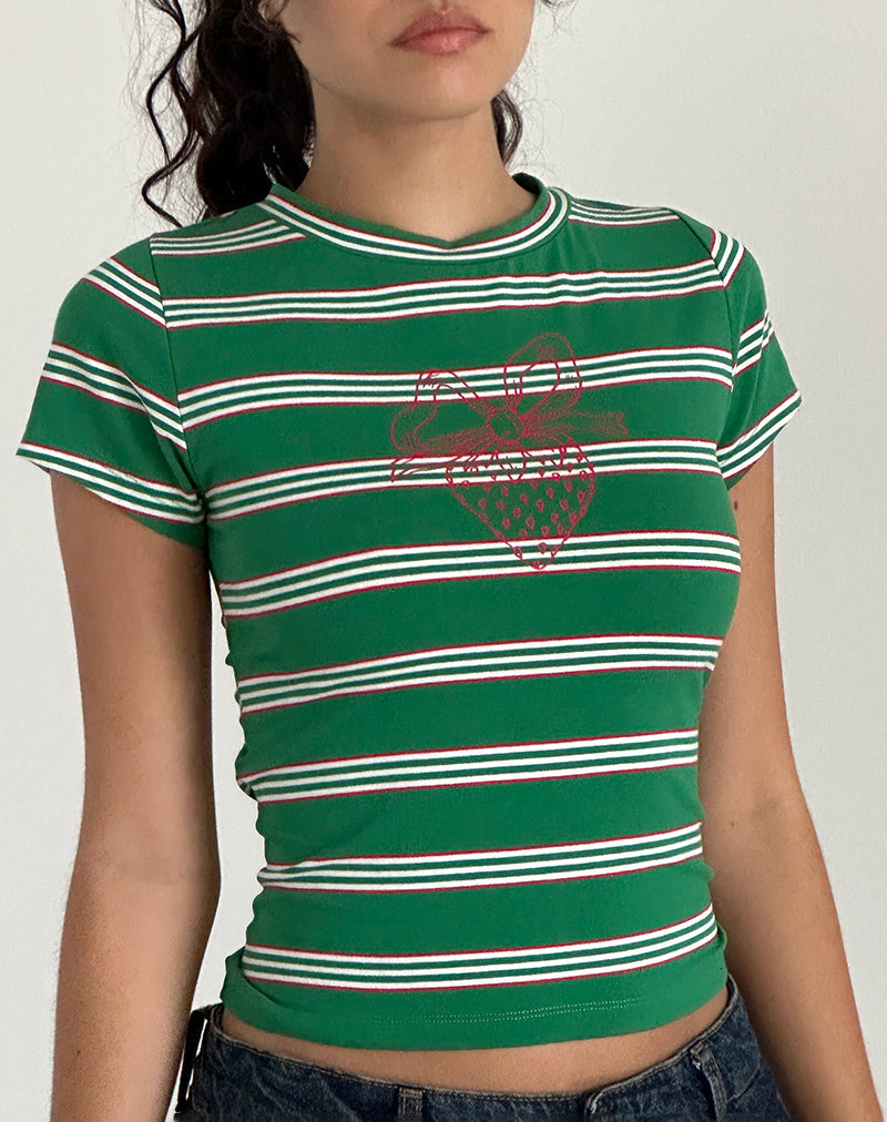 Glenda Jersey Tee in Green and White Strip with Strawberry Motif