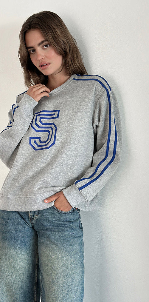 Image of Govel Sweatshirt in Grey Marl with Cobalt Blue 5 Motif