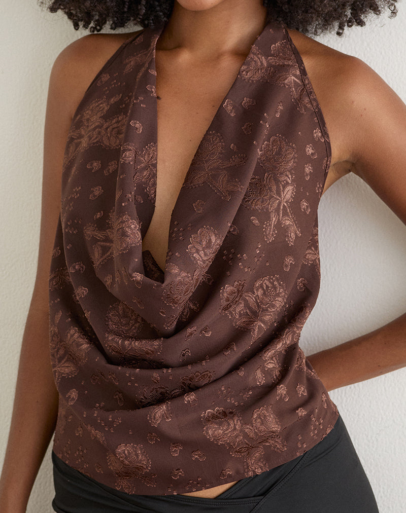 Image of Greece Cowl Top in Floral Jacquard Chiffon Brown
