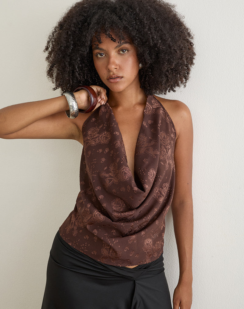 Image of Greece Cowl Top in Floral Jacquard Chiffon Brown