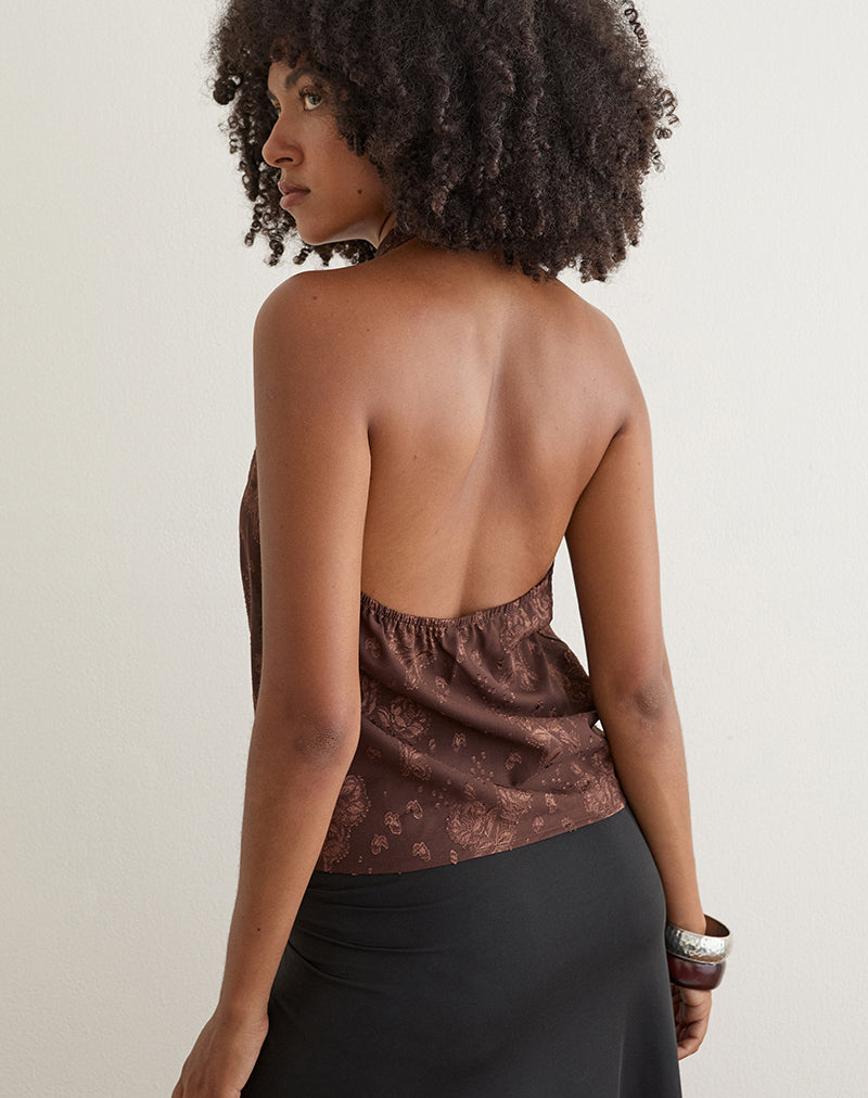 Image of Greece Cowl Top in Floral Jacquard Chiffon Brown