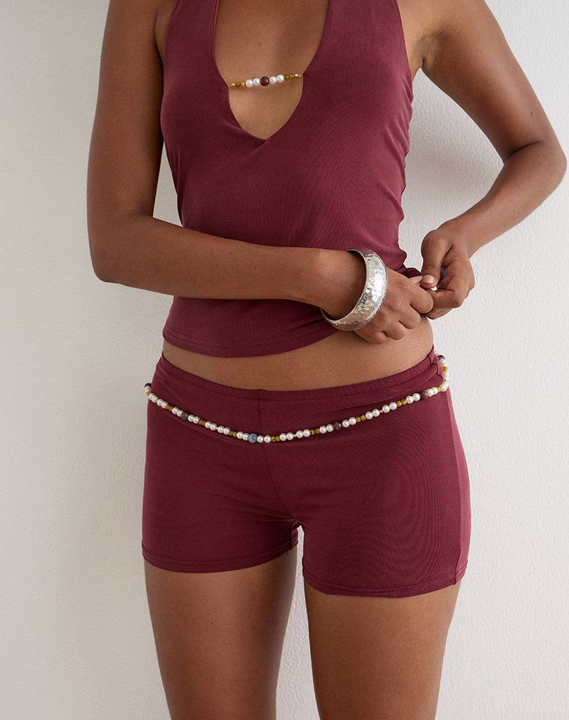 Nissa Short with Pearl Trim in Cupro Burgundy