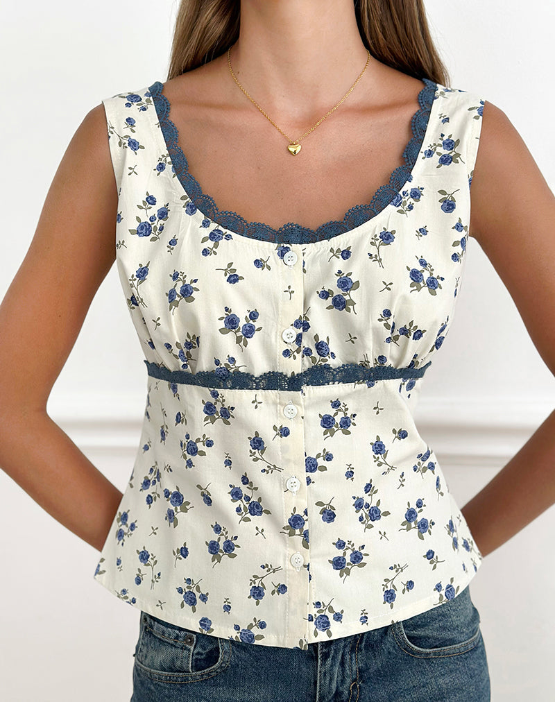 Gronini Top in Ditsy Leaf Rose Navy
