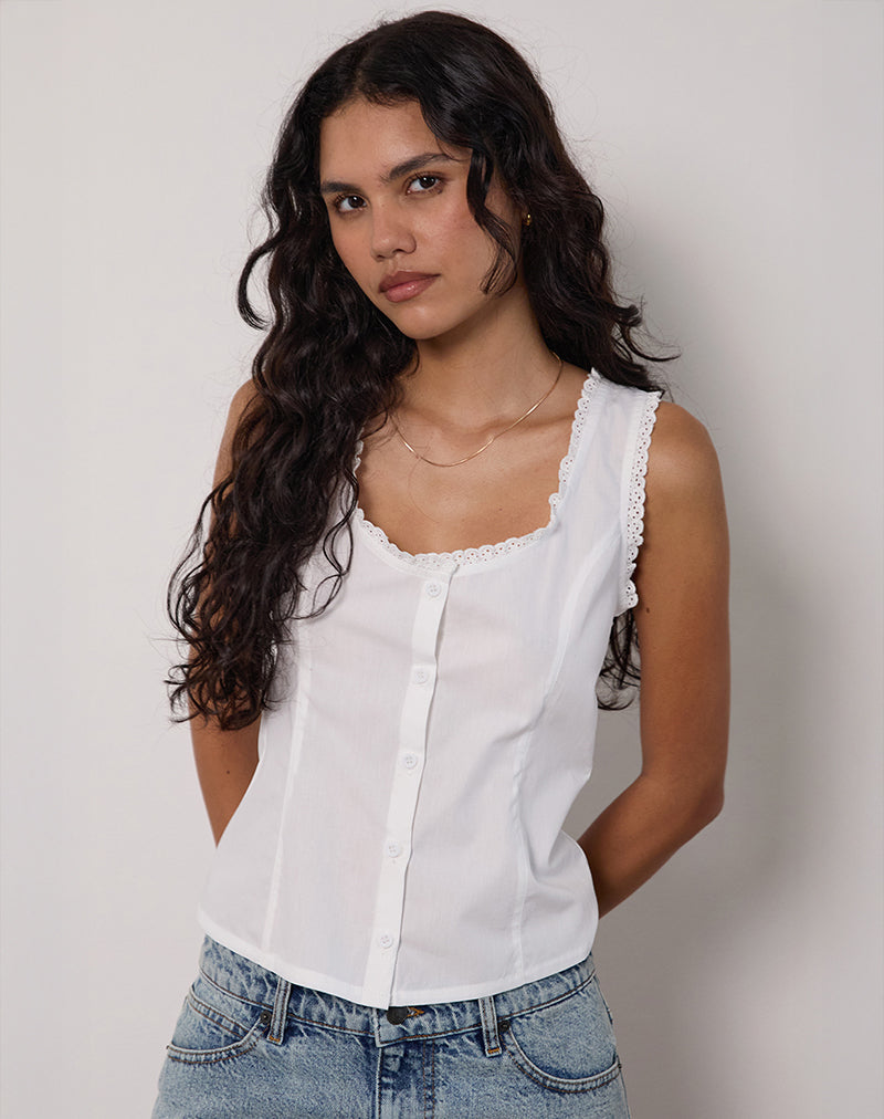 Image of Gronita Top in Poplin White with Broderie Trim