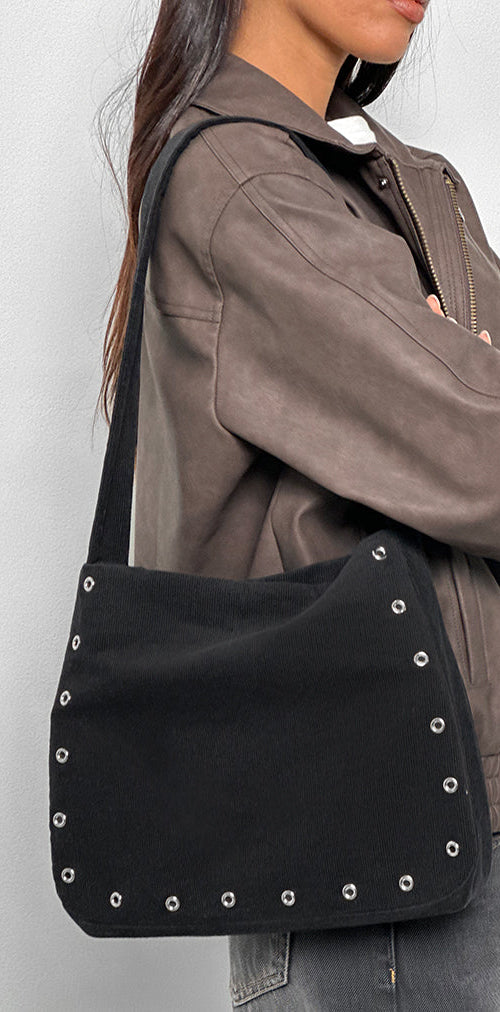 Image of Gundar Eyelet Bag in Babycord Black