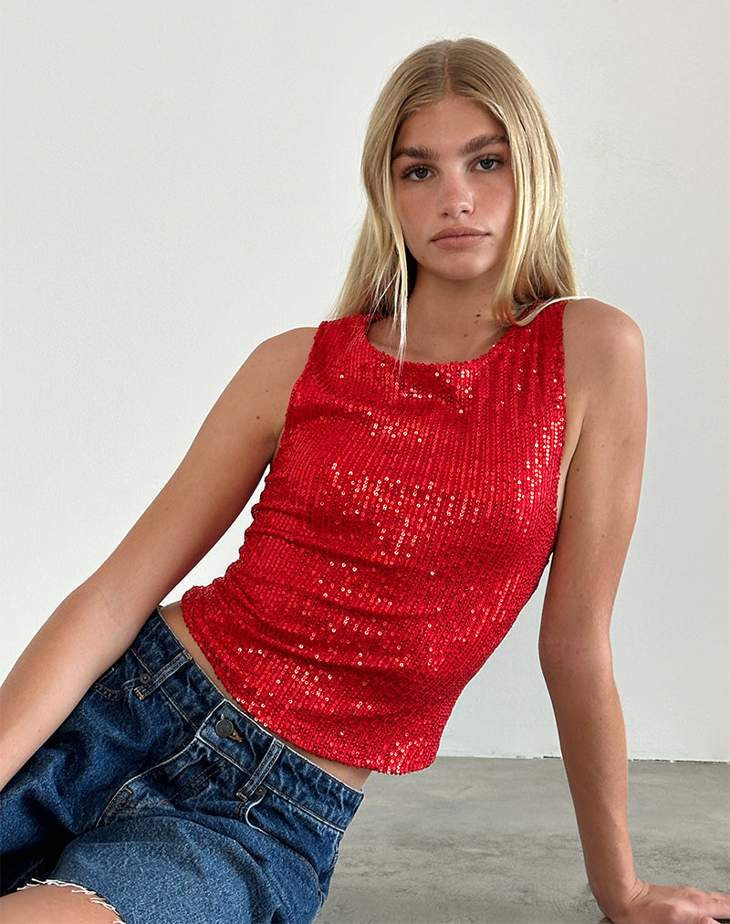 Hala Vest Top in Red Drape Mini Sequin