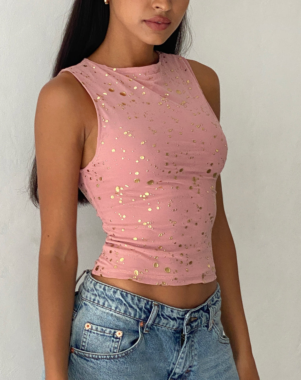 Hala Vest Top in Pink with Rose Gold Foil