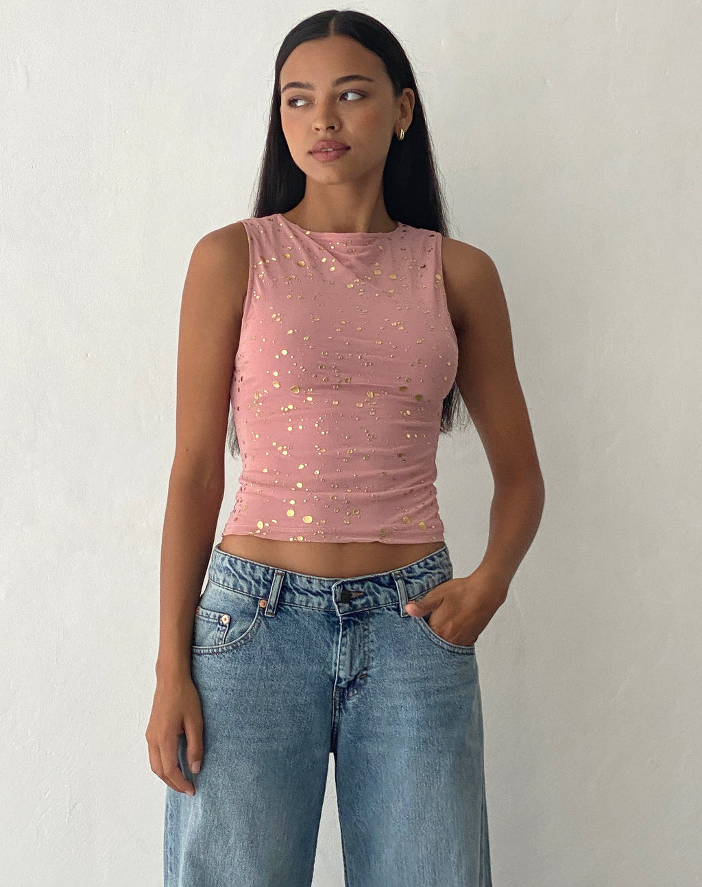 Hala Vest Top in Pink with Rose Gold Foil