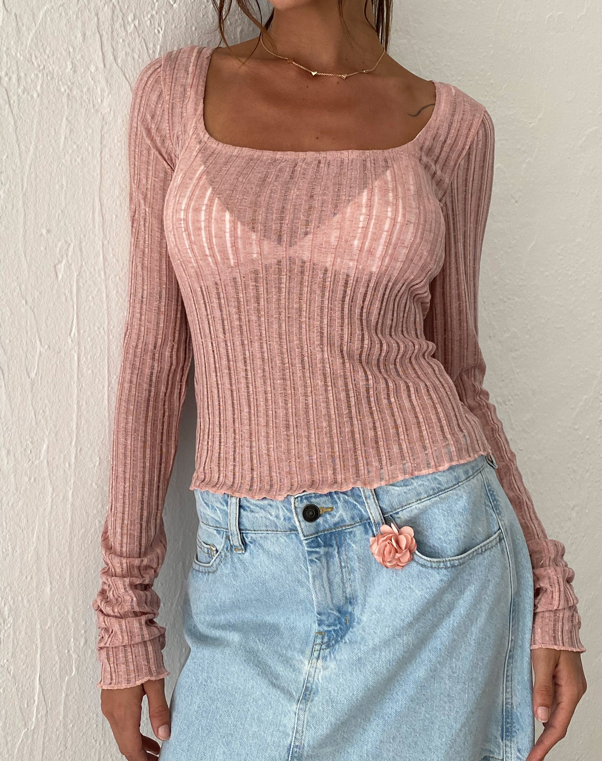 image of Halsey Knitted Extra Long Sleeve Top in Pink