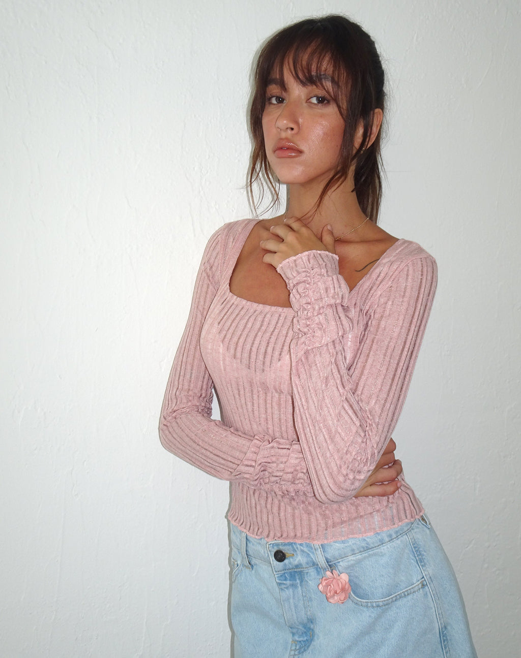 Halsey Knitted Extra Long Sleeve Top in Pink