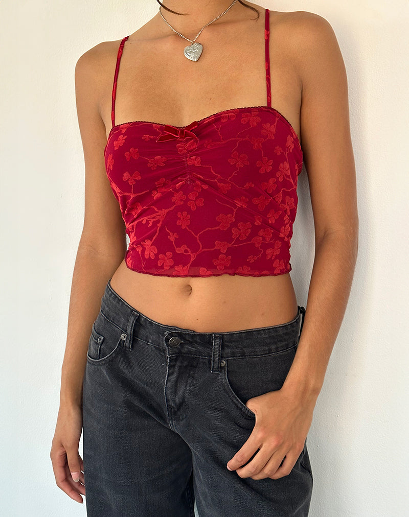 Halusi Cami Top in Grunge Floral Flock Red