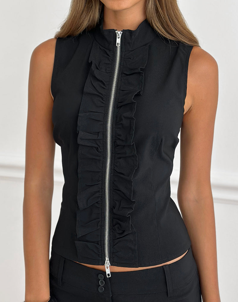Hanae Zip Frill Top in Tailoring Black