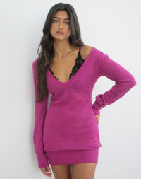 Haniko Mini Dress in Sheer Knit Fuchsia - XXS