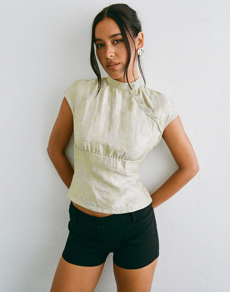 Image of Hanna Top with Asymmetric Buttons in Jacquard Sage Green