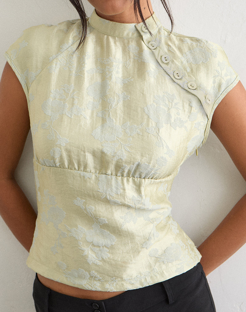 Image of Hanna Top with Asymmetric Buttons in Jacquard Sage Green