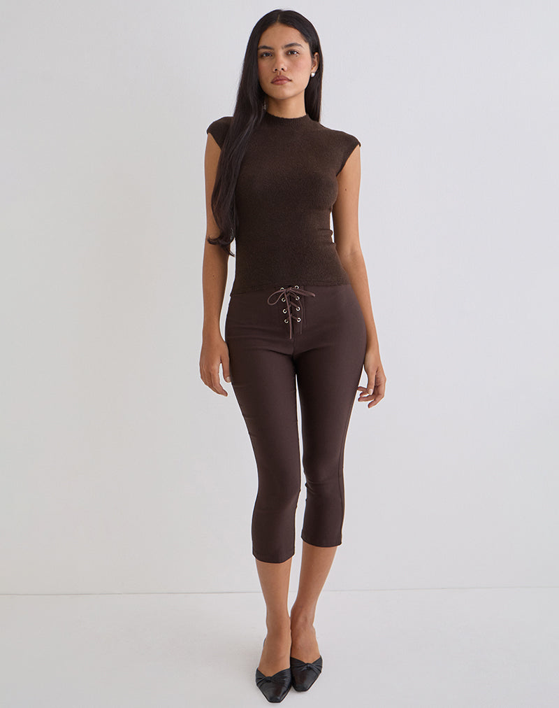 Image of Aelva Lace Up Capri in Tailoring Dark Brown