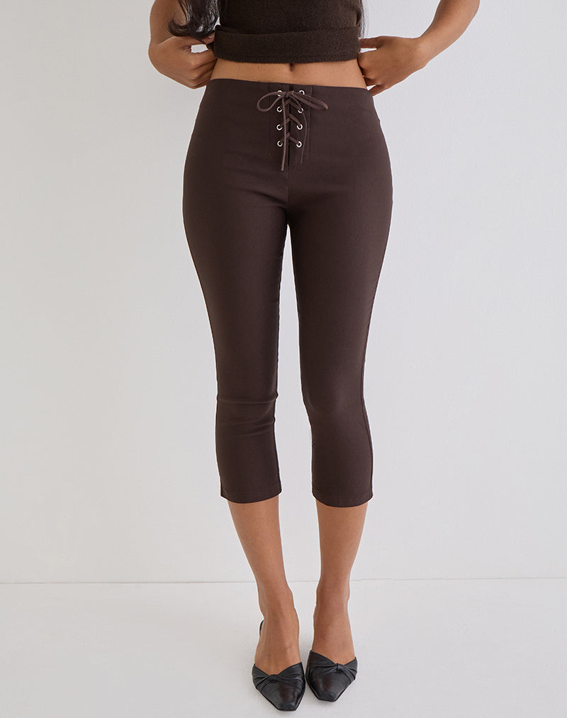 Image of Aelva Lace Up Capri in Tailoring Dark Brown