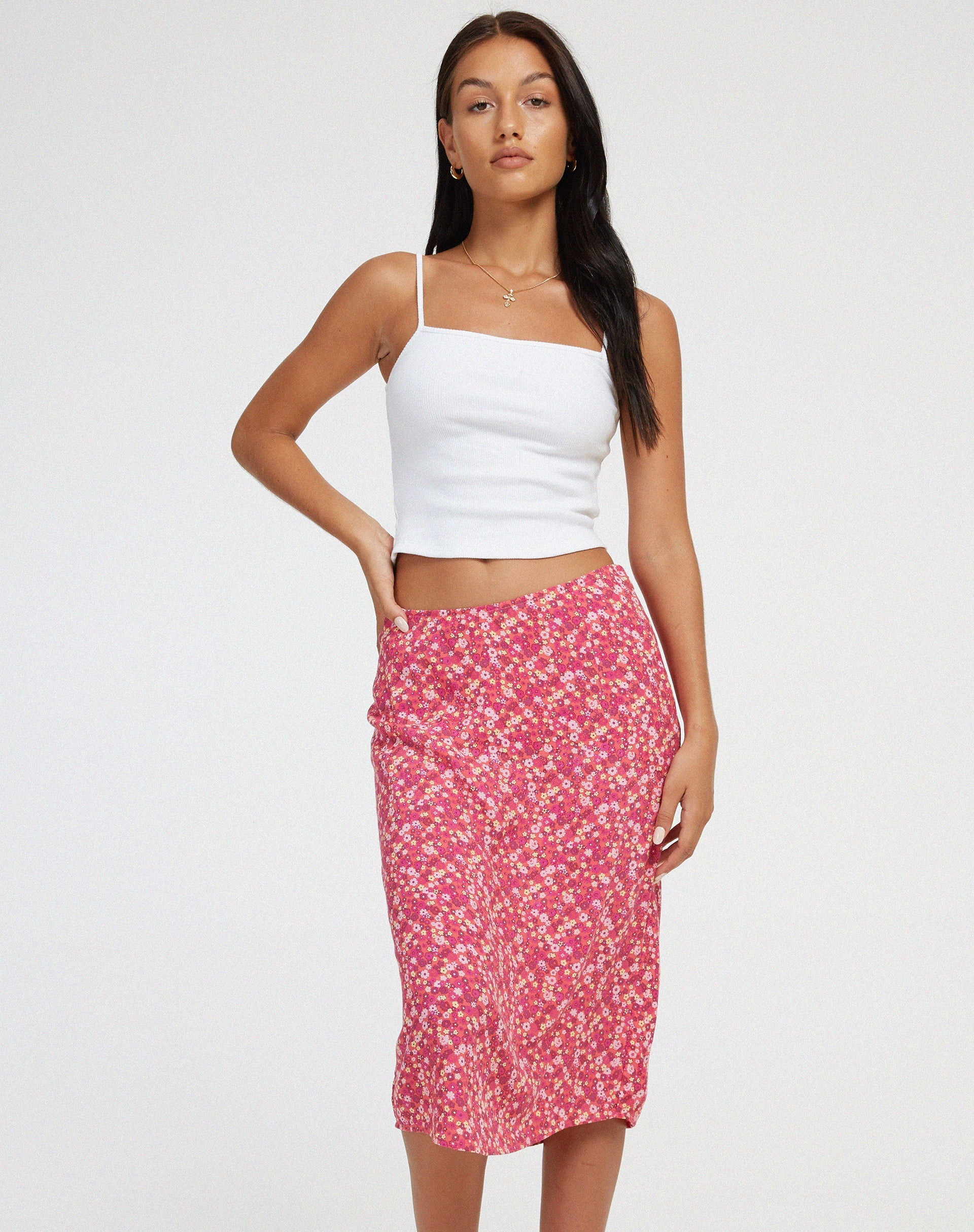 image of Harriet Midi Skirt in Ditsy Floral Pink