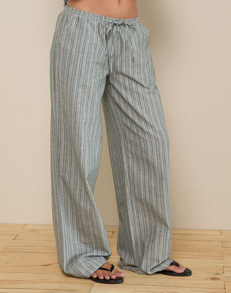 Image of Wasic Wide Leg Linen Trouser in Green and White Stripe